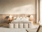 Polsterbett 160x200 cm Cloudy Low hellbeige Velours, wasserabweisend, pflegeleicht, Holzrahmen