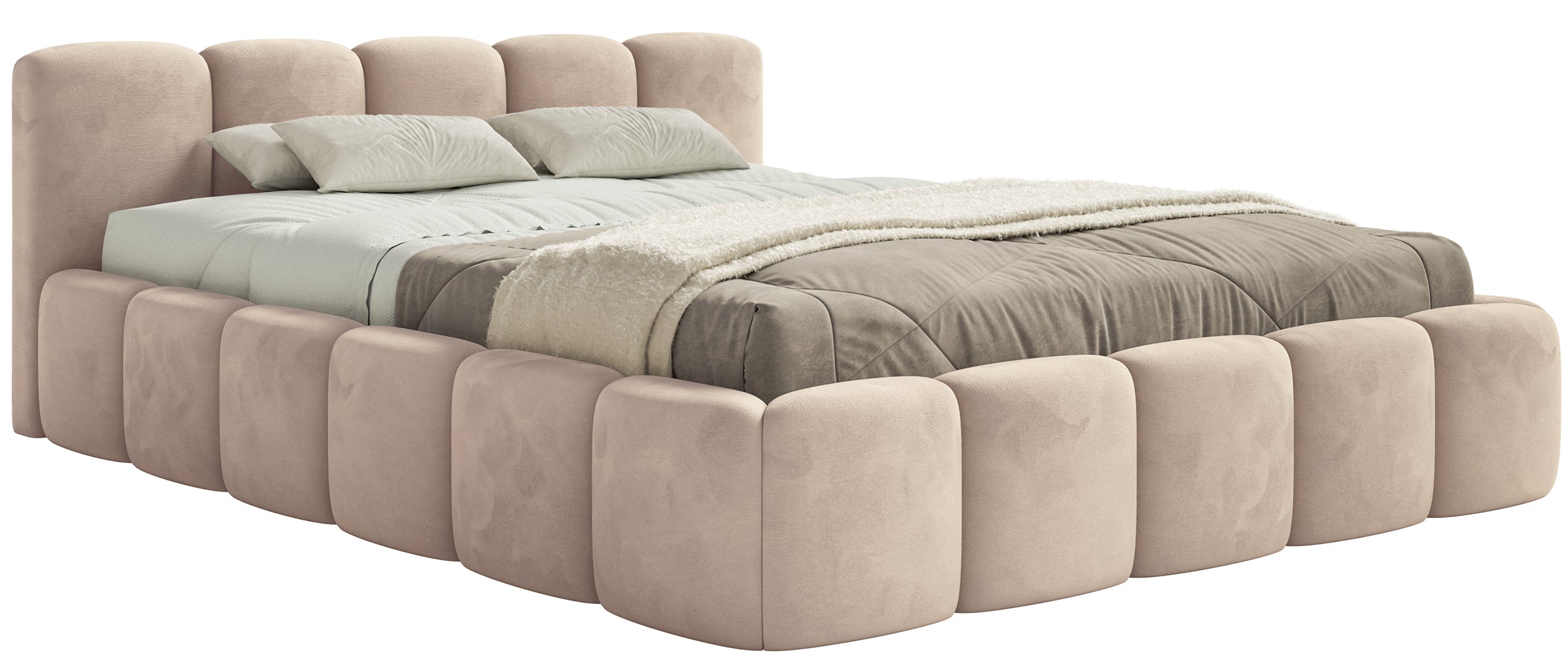 Gepolstertes Bett 160x200 cm Cloudy Low, beige, Velours, wasserabweisend, pflegeleicht, Holzrahmen