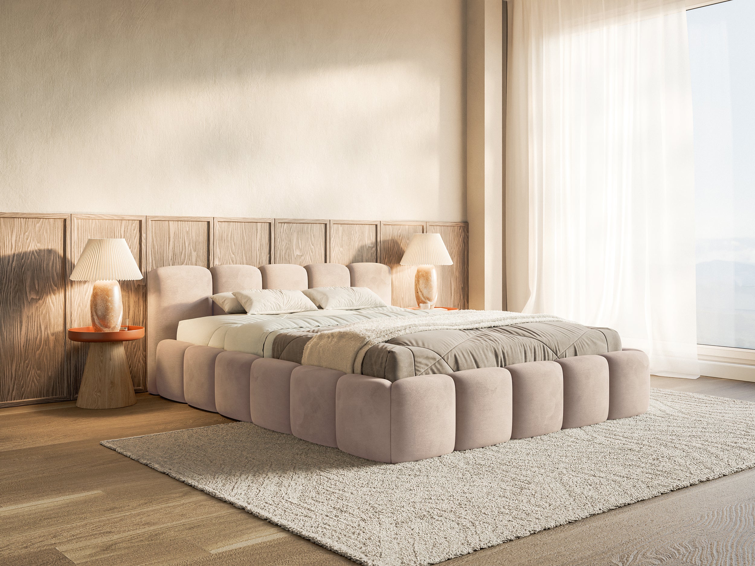 Gepolstertes Bett 160x200 cm Cloudy Low, beige, Velours, wasserabweisend, pflegeleicht, Holzrahmen