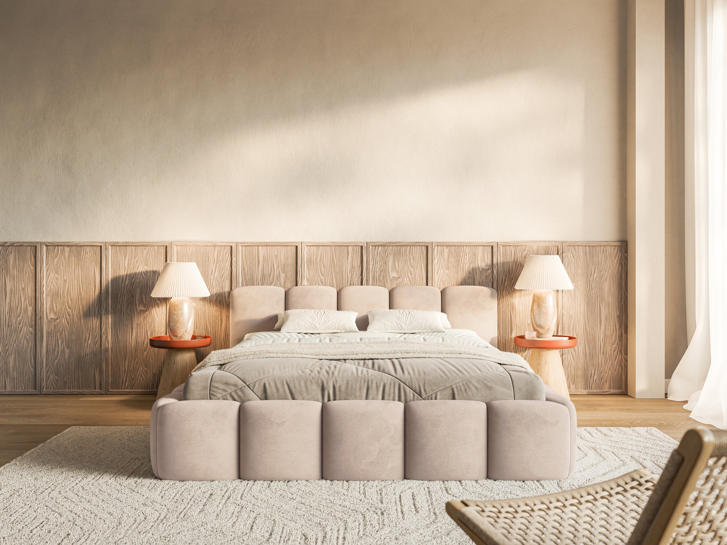 Gepolstertes Bett 160x200 cm Cloudy Low, beige, Velours, wasserabweisend, pflegeleicht, Holzrahmen