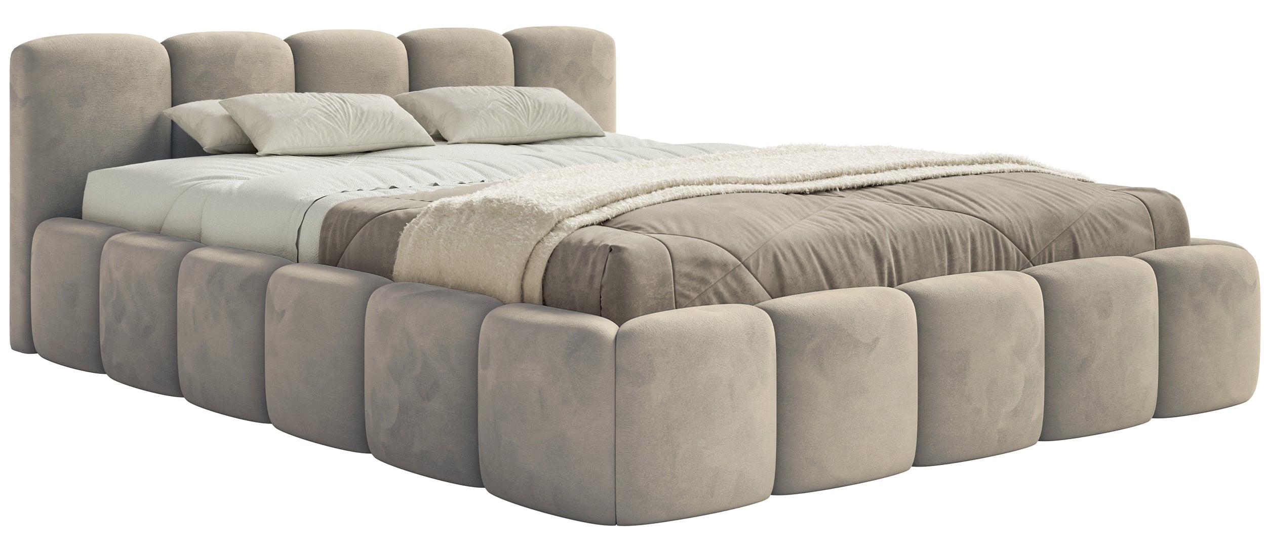 Polsterbett 180x200 cm Cloudy Low, grau-beige, Velours, wasserabweisend, pflegeleicht, Holzrahmen