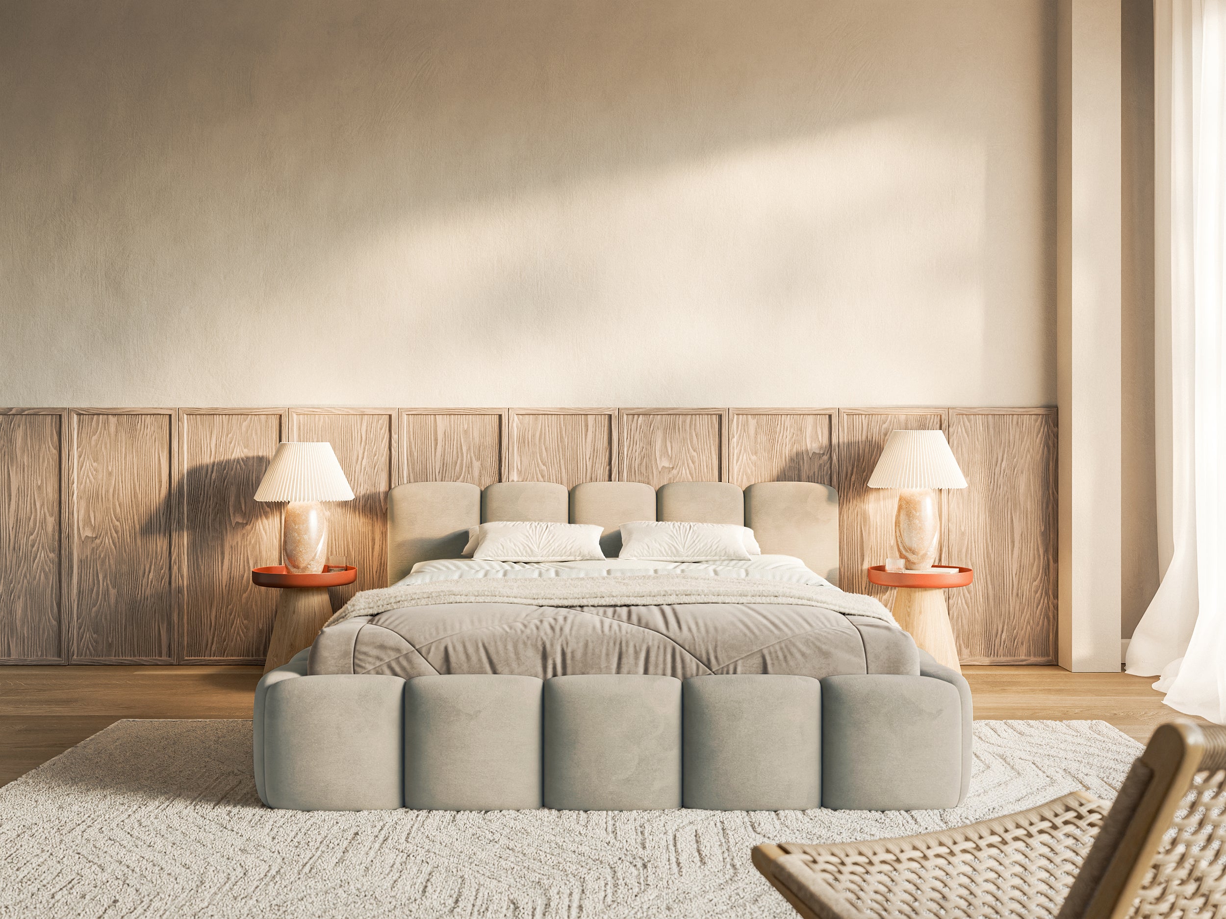 Polsterbett 180x200 cm Cloudy Low, grau-beige, Velours, wasserabweisend, pflegeleicht, Holzrahmen