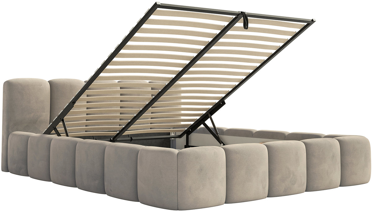 Gepolstertes Bett 140x200 cm Cloudy Low mit Stauraum, grau-beiger Samt, wasserabweisend, leicht zu reinigender Metallrahmen