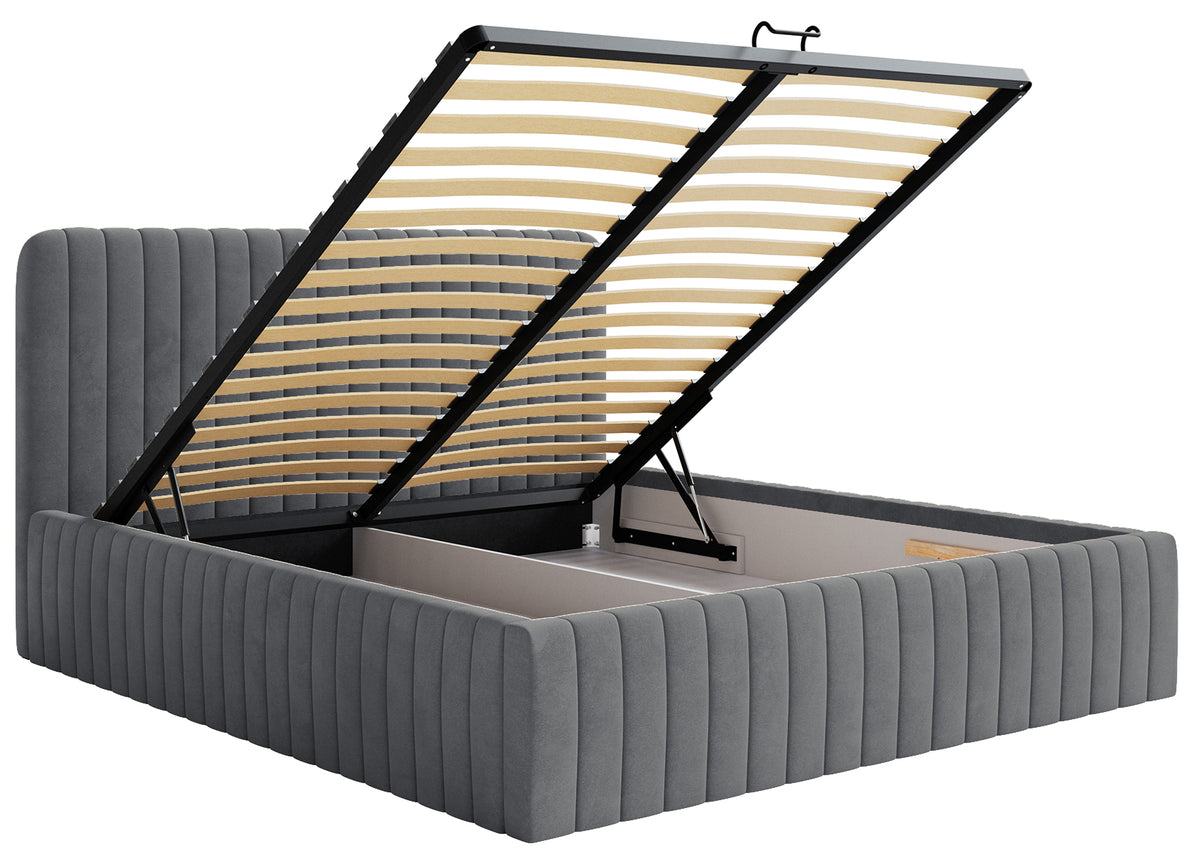 Lit tapissé 140x200 cm Saliano avec rangement, velours hydrofuge bleu-gris
