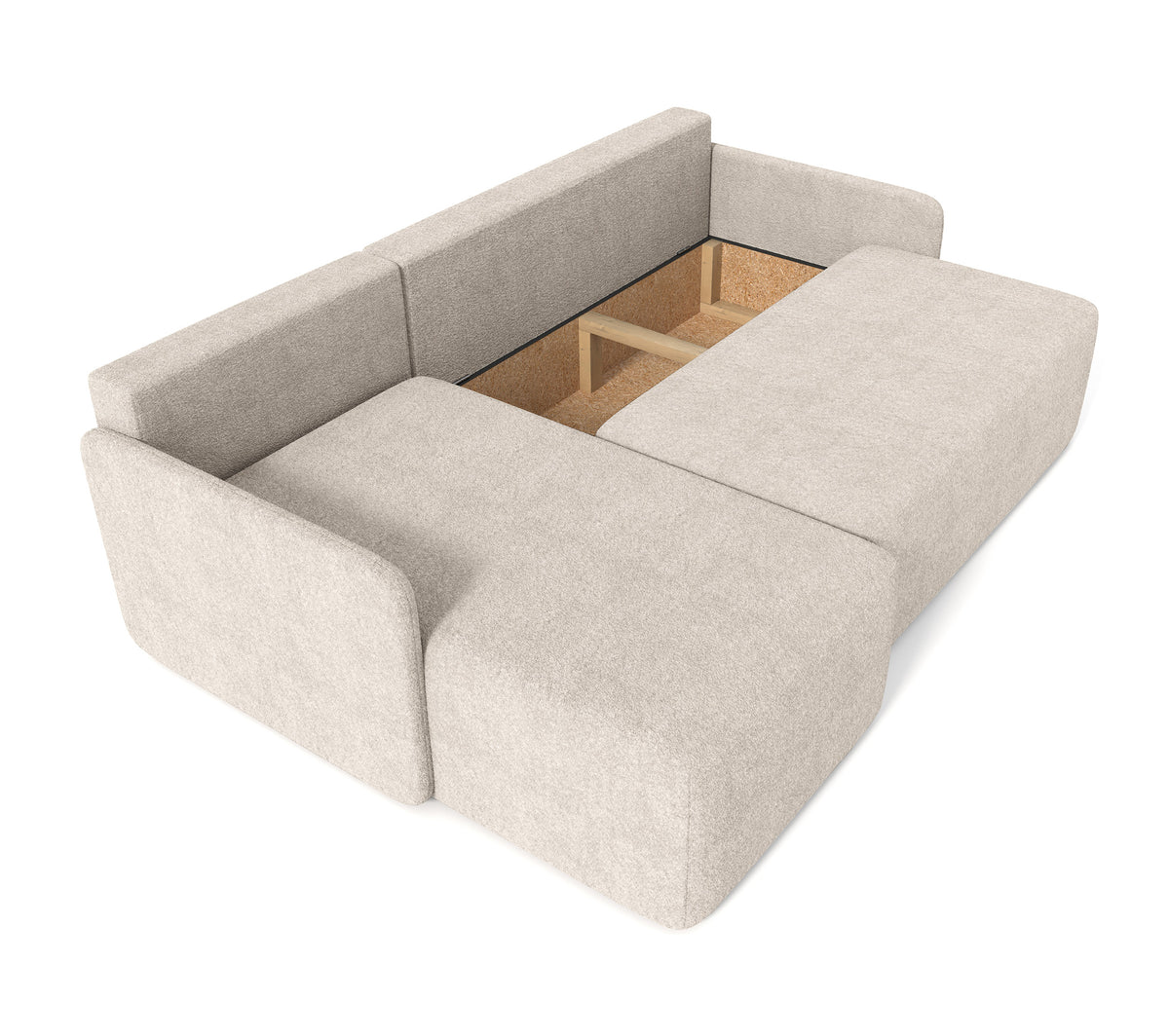 Canapé d'angle L Bloom avec fonction couchage et coffre de rangement, beige boucle, universel