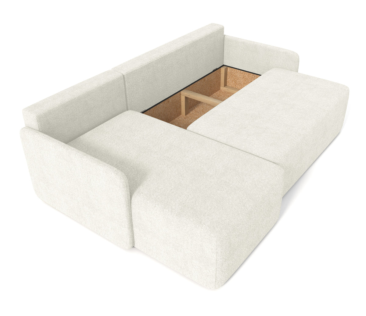 Canapé d'angle avec fonction couchage Bloom en forme de L, coffre de rangement, bouclé crème, réversible