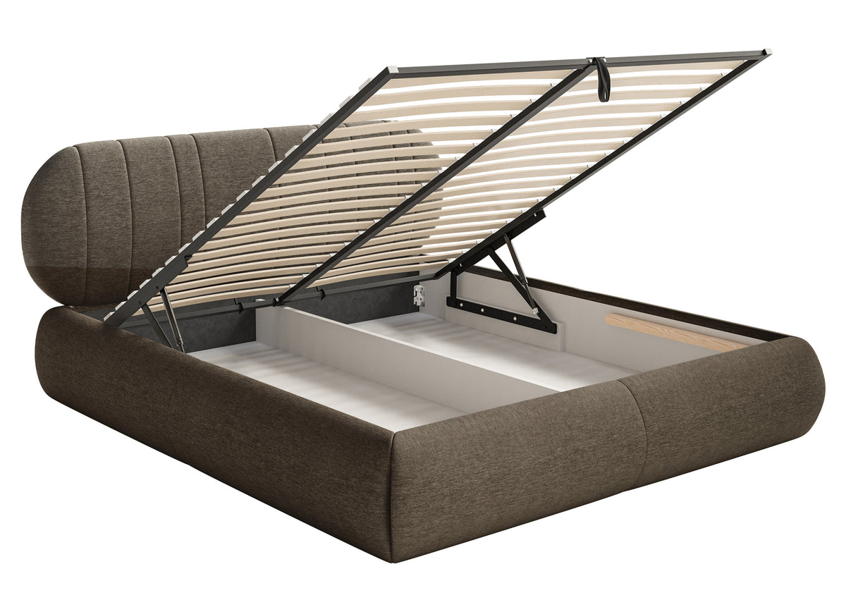 Lit tapissé 140x200 cm Asmelio avec rangement, cadre métallique, tissage marron