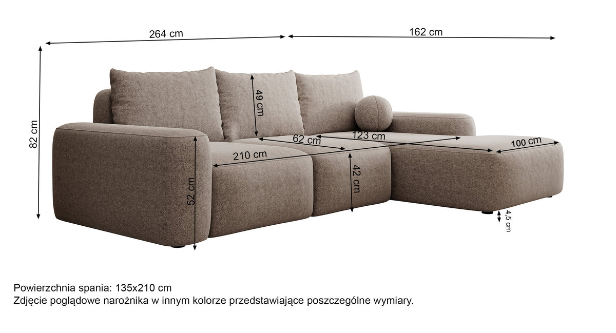 Canapé d'angle Carnos avec fonction couchage, forme en L, avec coussin boule, coussins simples en chenille crème, orientation droite