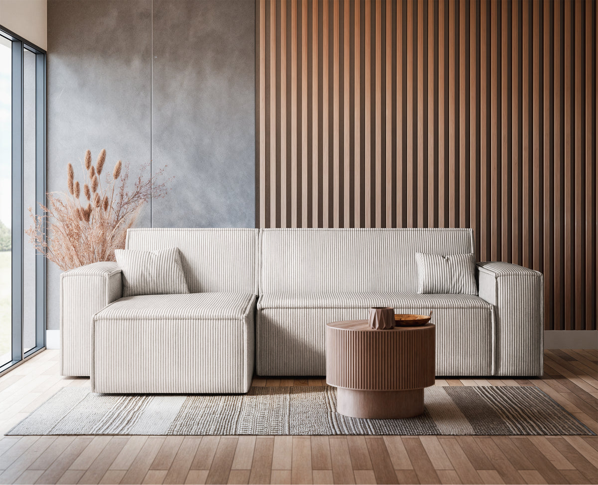Canapé d'angle convertible Scarlo en L avec coffre de rangement, universel, velours côtelé beige clair