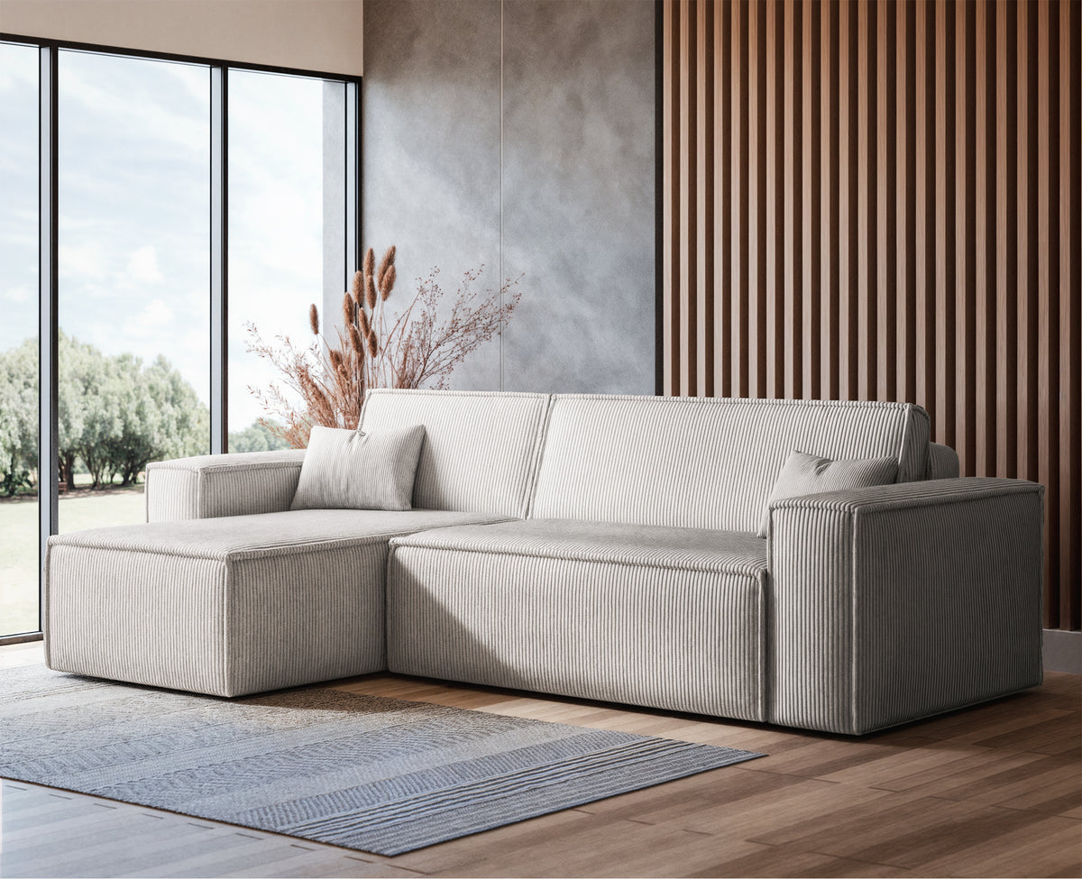 Canapé d'angle convertible Scarlo en L avec coffre de rangement, universel, velours côtelé beige clair