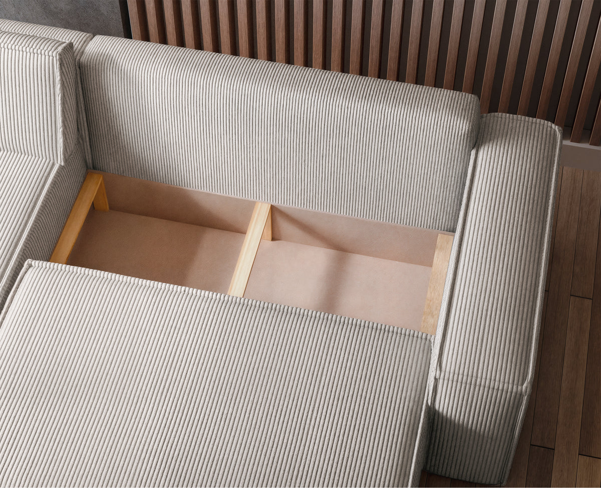 Canapé d'angle convertible Scarlo en L avec coffre de rangement, universel, velours côtelé beige clair