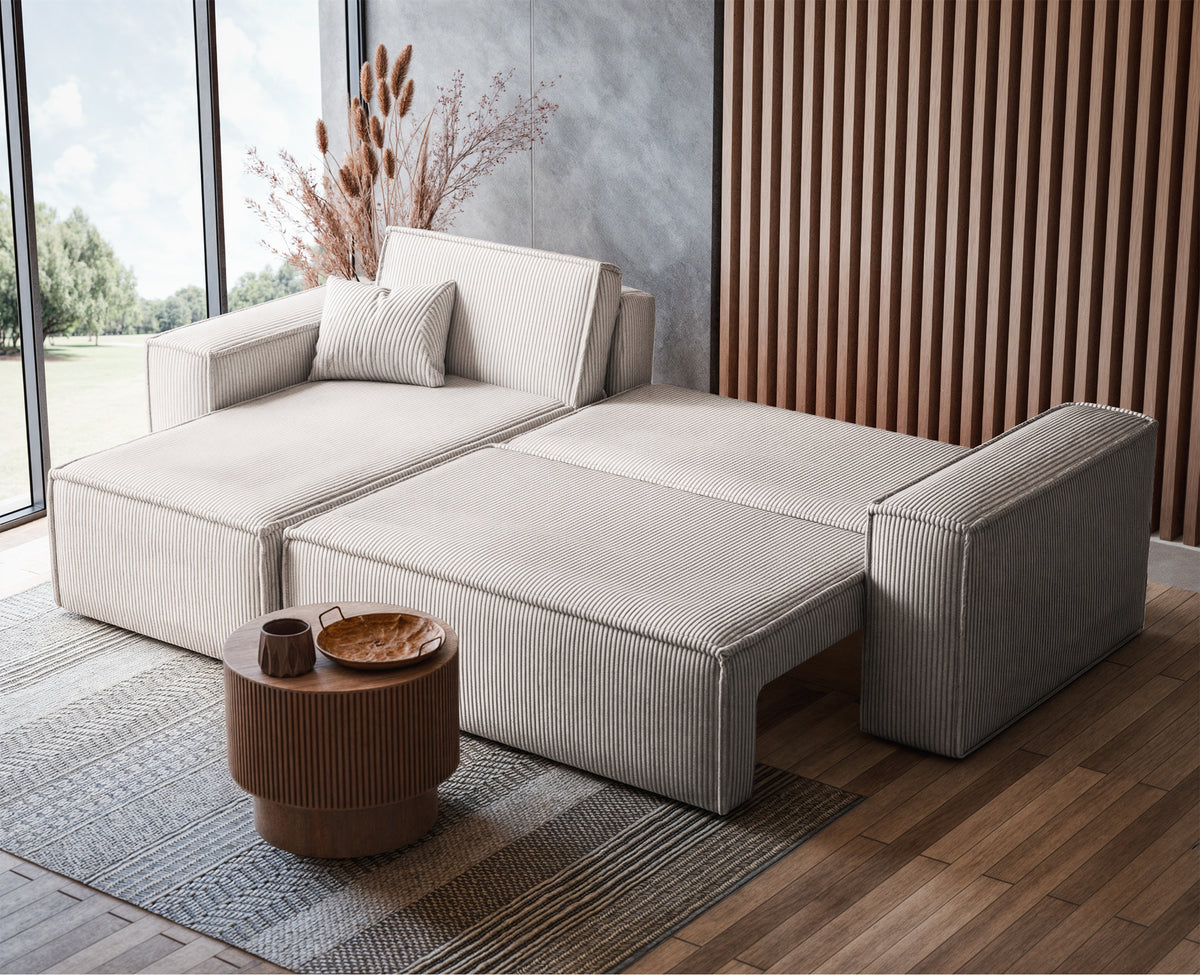Canapé d'angle convertible Scarlo en L avec coffre de rangement, universel, velours côtelé beige clair