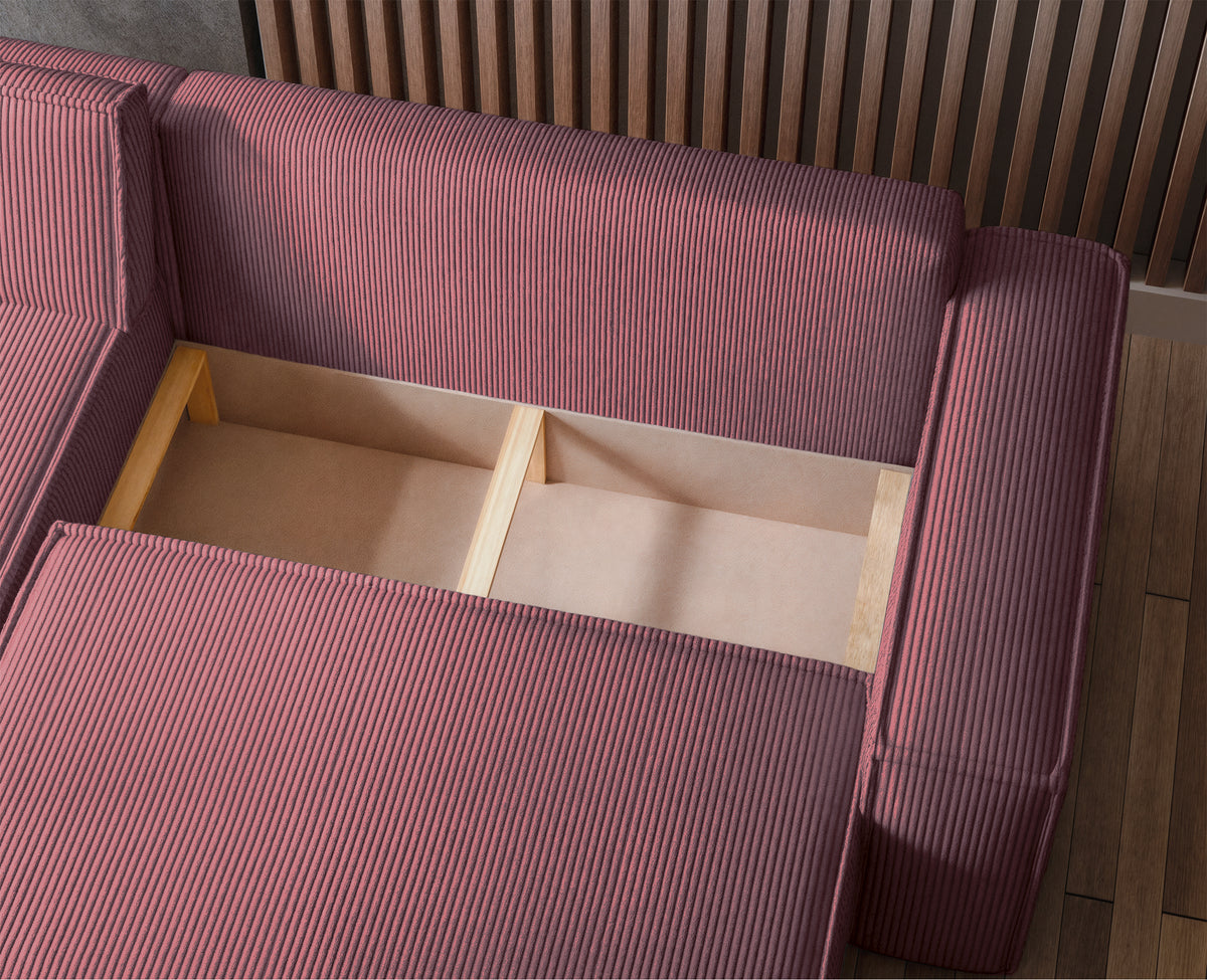 Canapé d'angle convertible Scarlo en velours côtelé uni, couleur rose foncé, avec coffre de rangement, réversible