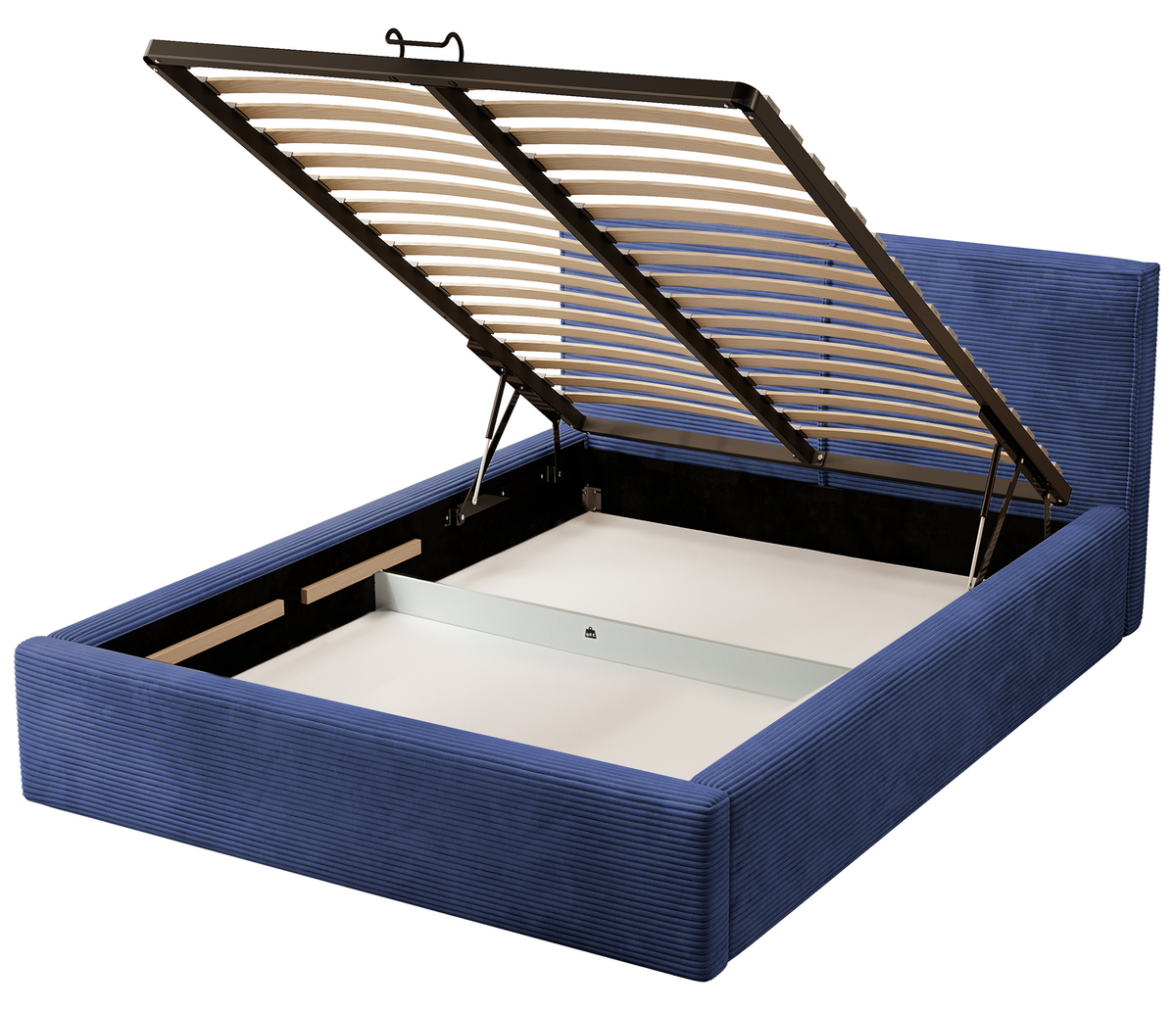 Lit tapissé 160x200 cm Farese avec rangement et vérin gaz bleu marine velours côtelé