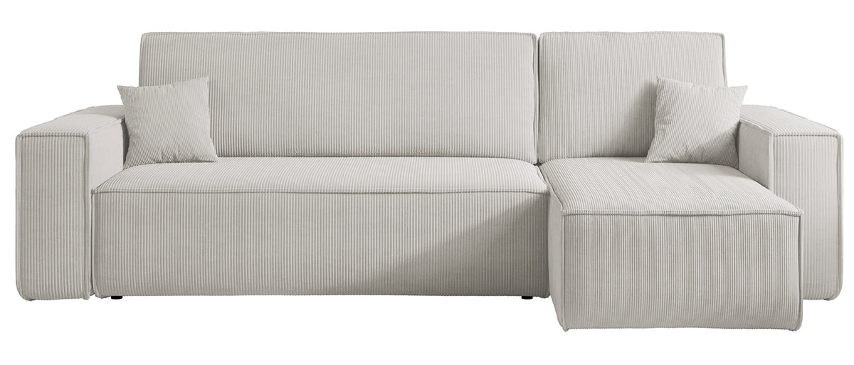 Canapé d'angle convertible Scarlo en L avec coffre de rangement, universel, velours côtelé beige clair