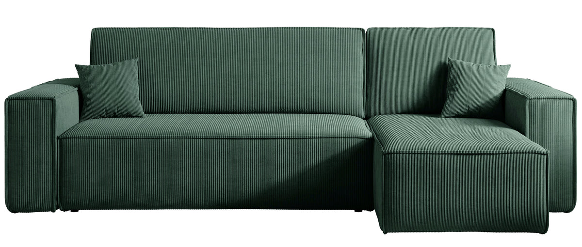 Ecksofa mit Schlaffunktion Scarlo, L-förmig, mit Stauraum, universell, dunkelgrüner Cordstoff
