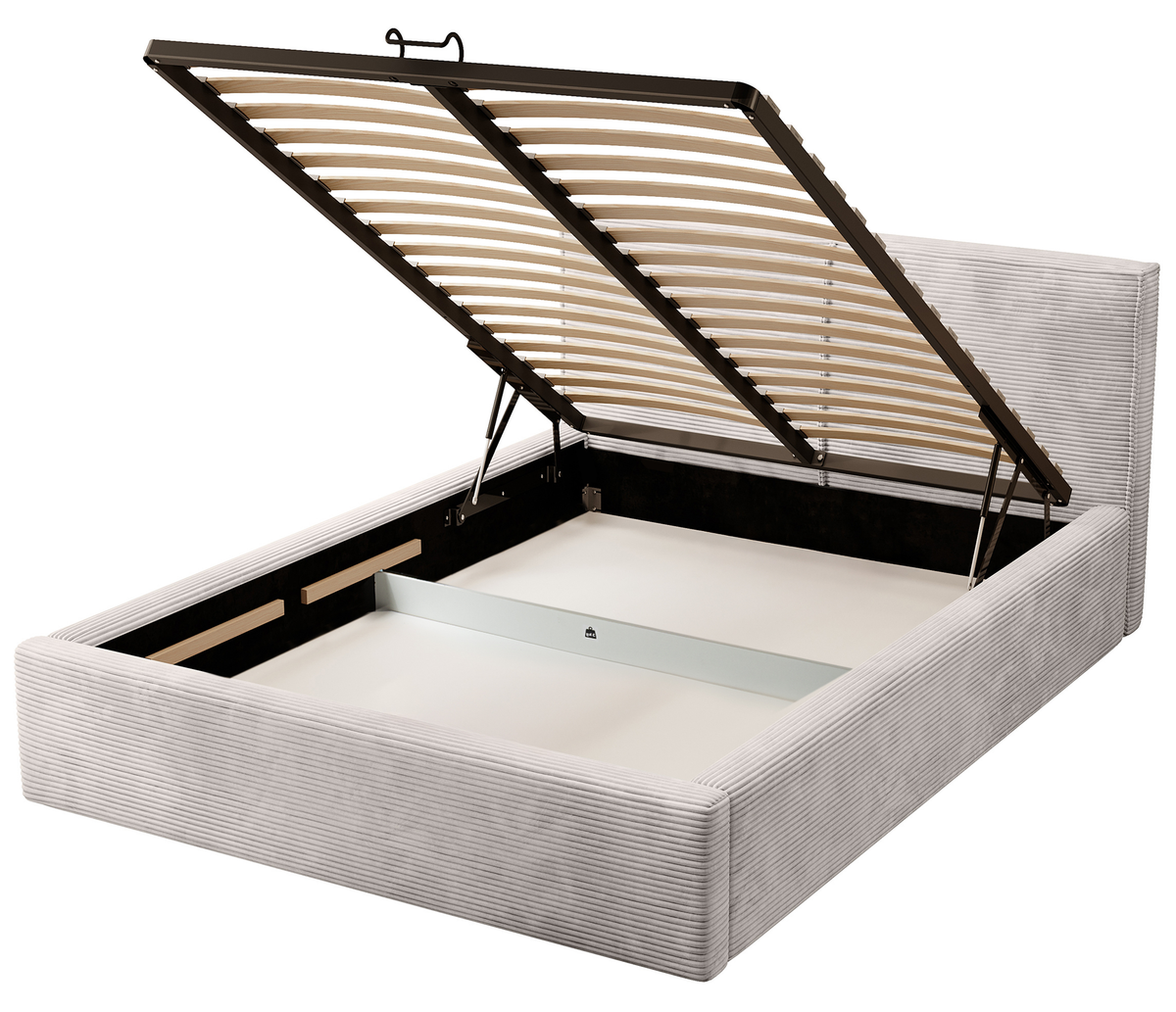 Gepolstertes Bett 160x200 cm Farese mit Stauraum und Gasdruckfeder, dunkelbeiger Cordstoff
