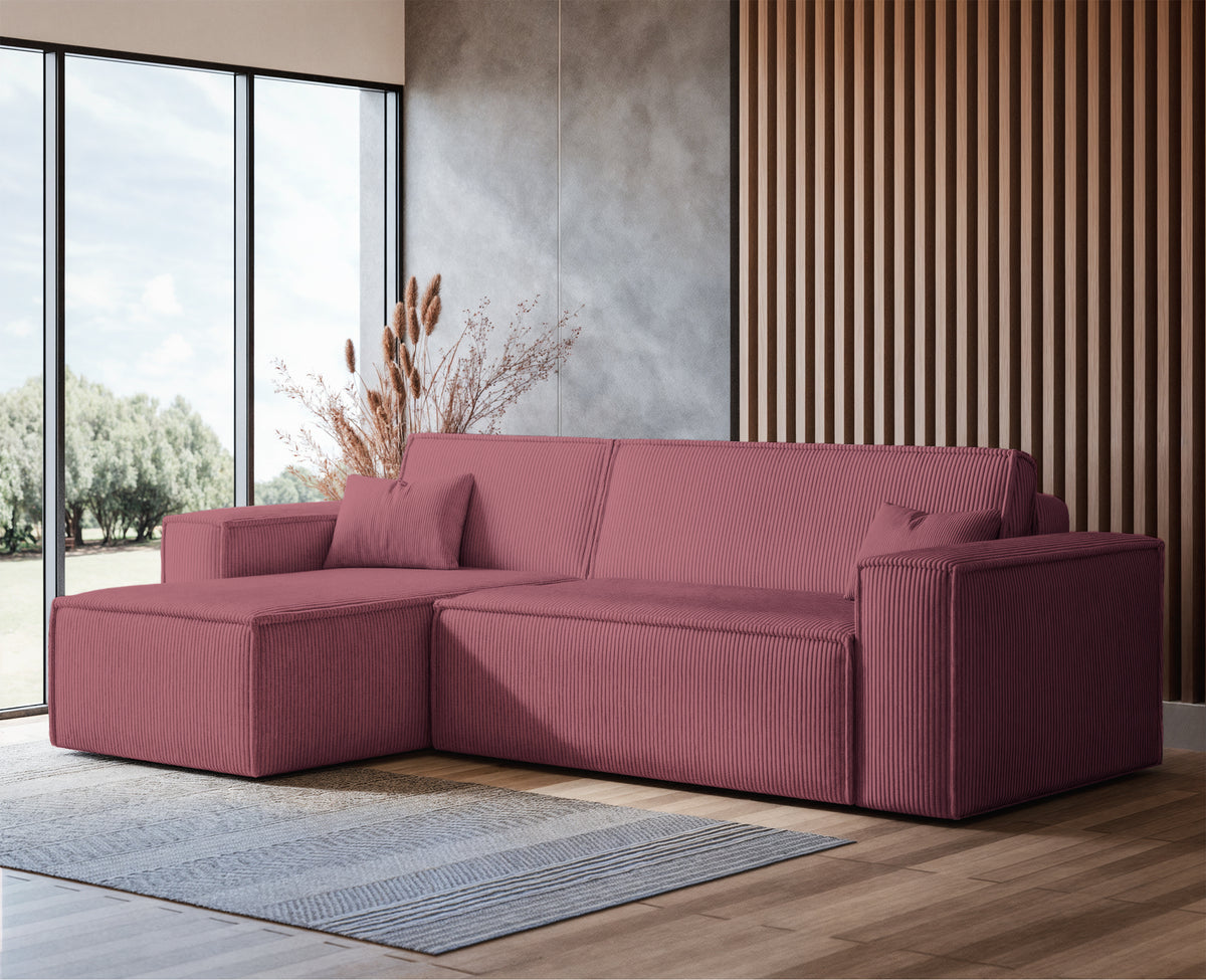 Canapé d'angle convertible Scarlo en velours côtelé uni, couleur rose foncé, avec coffre de rangement, réversible