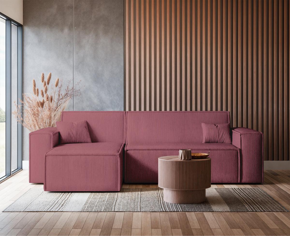 Canapé d'angle convertible Scarlo en velours côtelé uni, couleur rose foncé, avec coffre de rangement, réversible