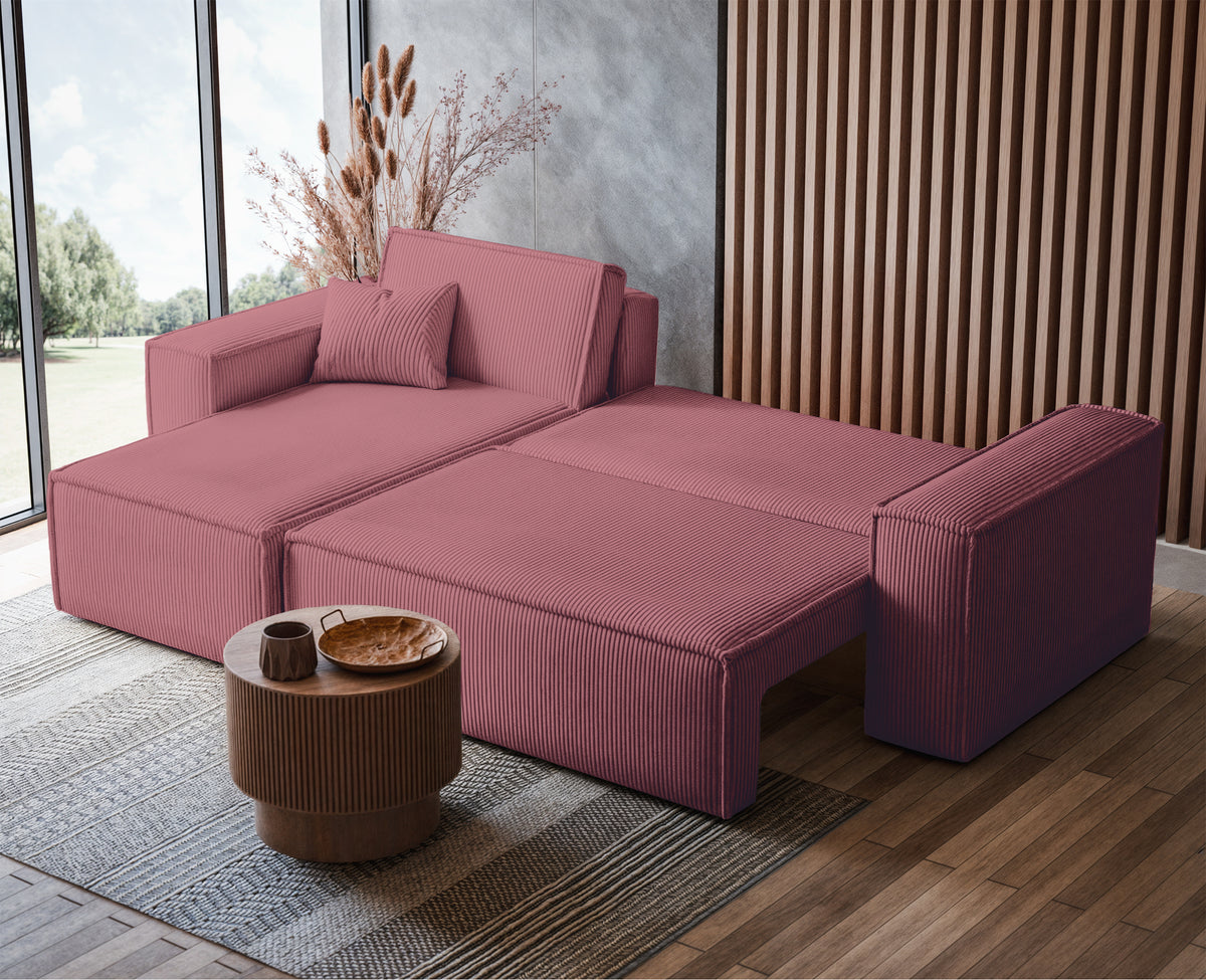 Canapé d'angle convertible Scarlo en velours côtelé uni, couleur rose foncé, avec coffre de rangement, réversible
