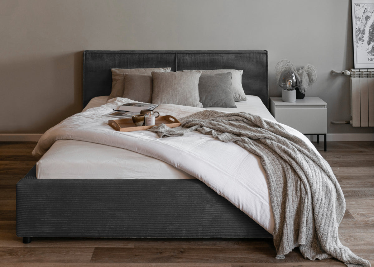 Lit tapissé 160x200 cm Farese avec rangement et vérin à gaz, velours côtelé gris foncé