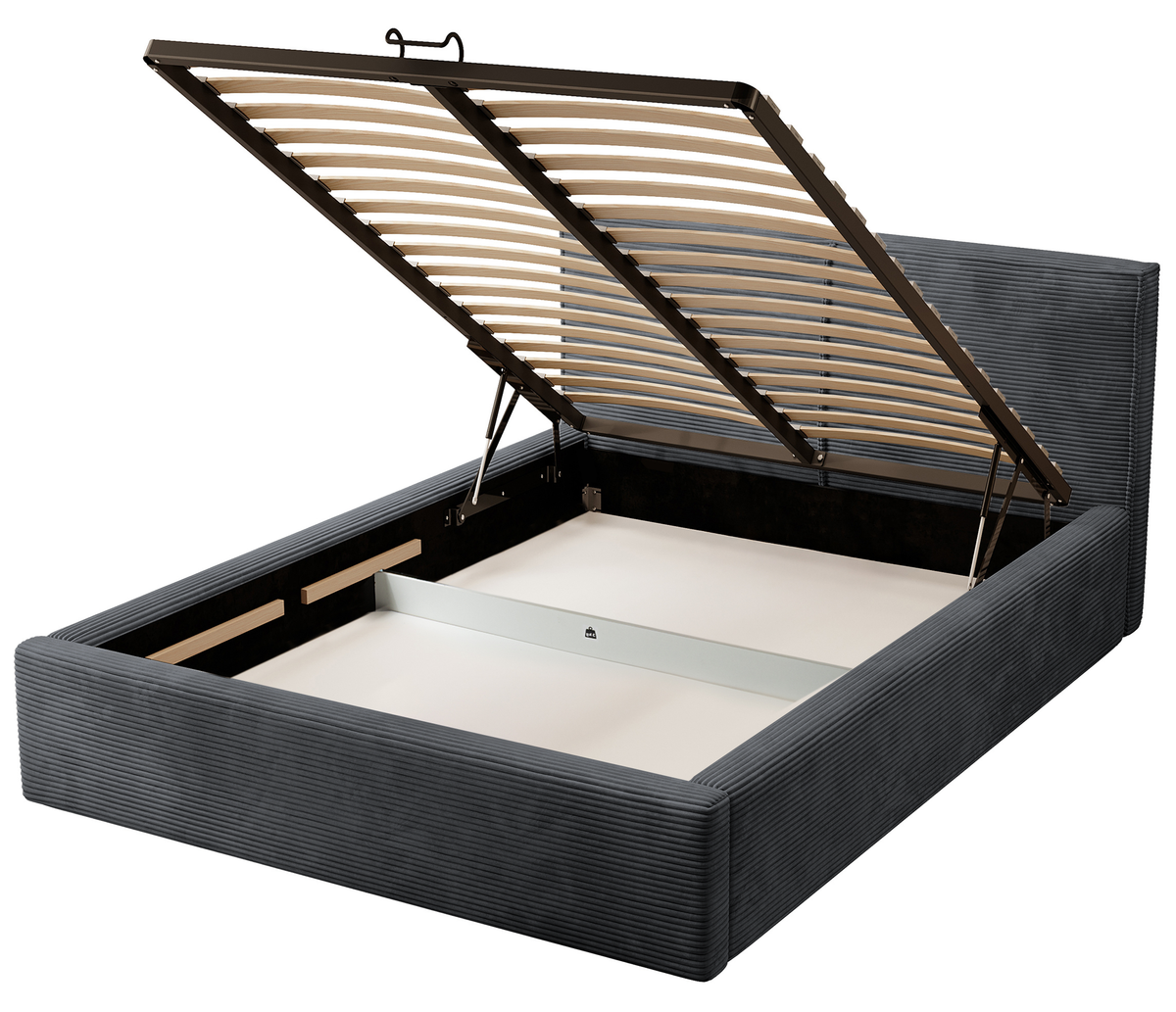 Lit tapissé 180x200 cm Farese avec rangement et vérin à gaz, velours côtelé gris foncé