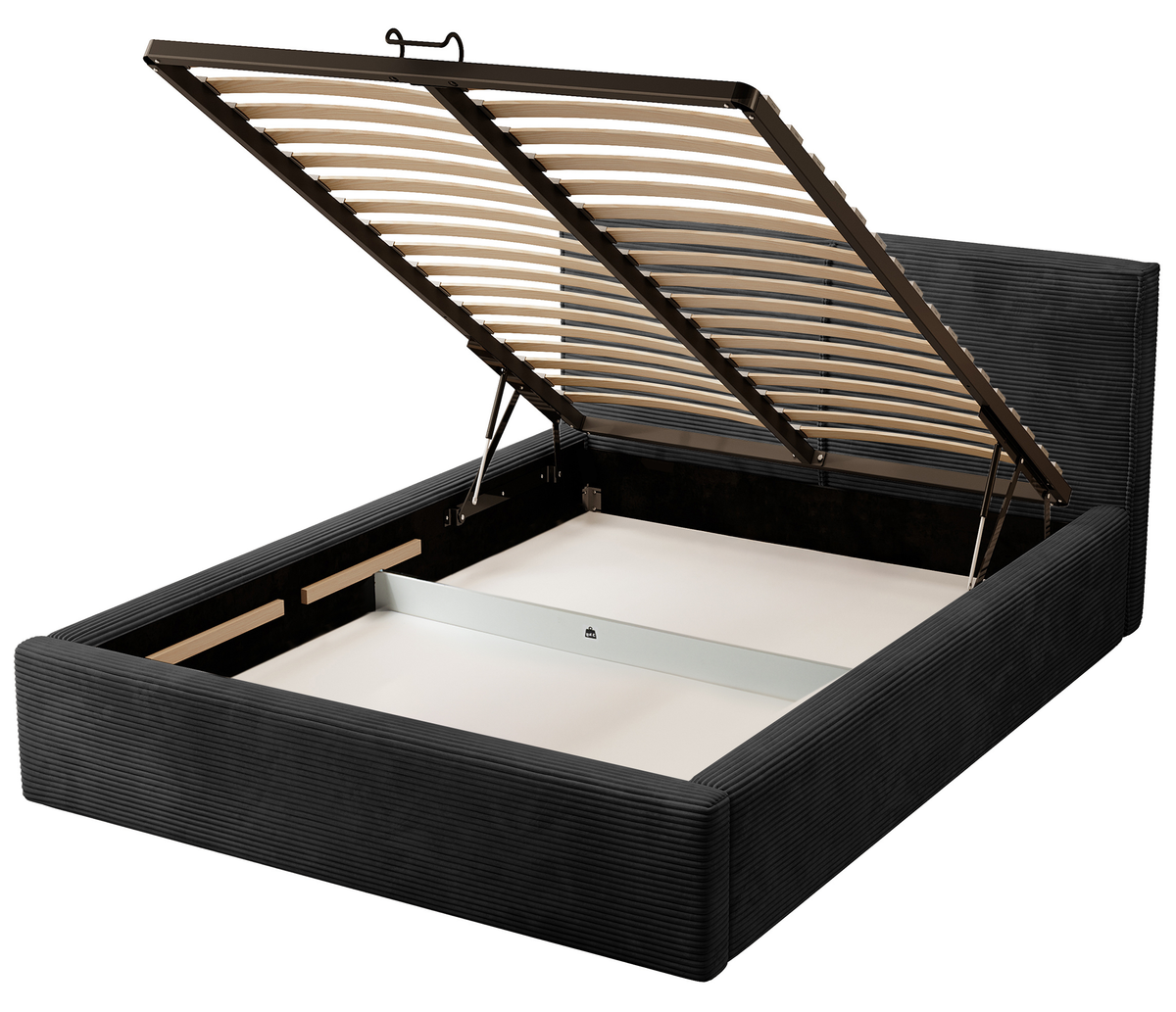 Lit tapissé 160x200 cm Farese avec rangement et vérin à gaz noir en velours côtelé