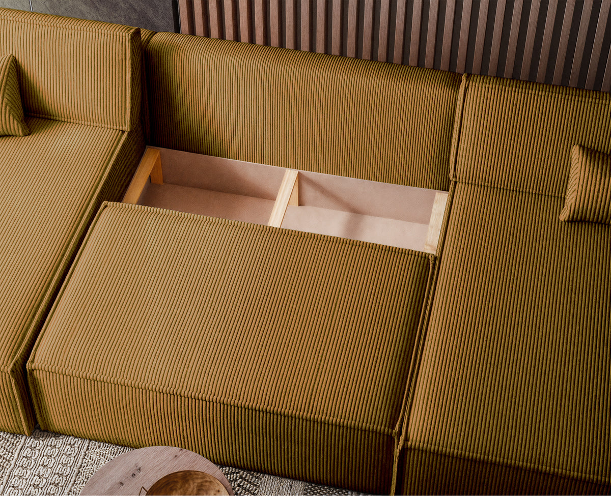 U-förmiges Ecksofa Scarlo mit Schlaffunktion und Universallager, senfgelb, Cordstoff