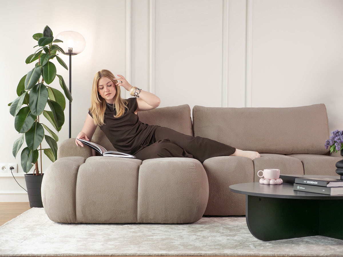 Canapé d'angle avec fonction couchage Ombo Mini en L, côté gauche, avec coffre de rangement, velours beige foncé