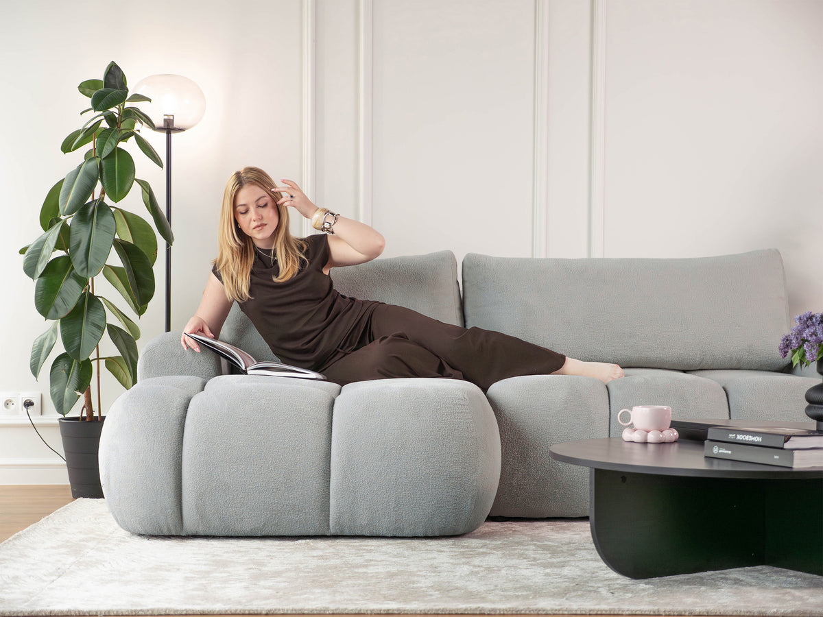 Canapé d'angle avec fonction couchage Ombo Mini en L, côté gauche, avec rangement, velours gris clair
