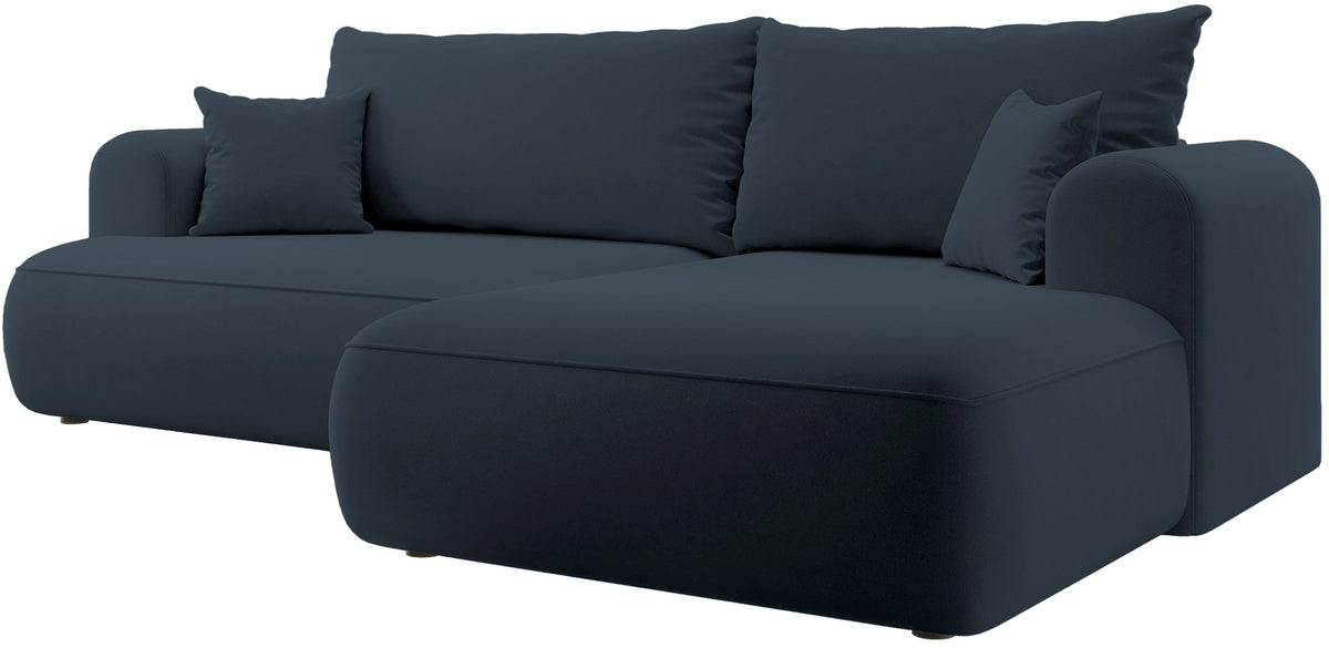 Ecksofa mit Schlaffunktion Ovo, L-förmig, marineblauer Samt, mit Stauraum, rechtsseitig, aus leicht zu reinigendem Stoff