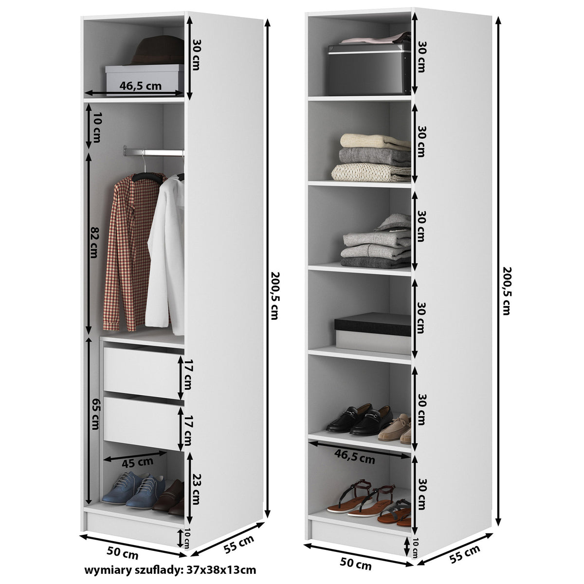 Armoire deux portes Frame avec tringle, étagères et tiroir 100 cm Blanche