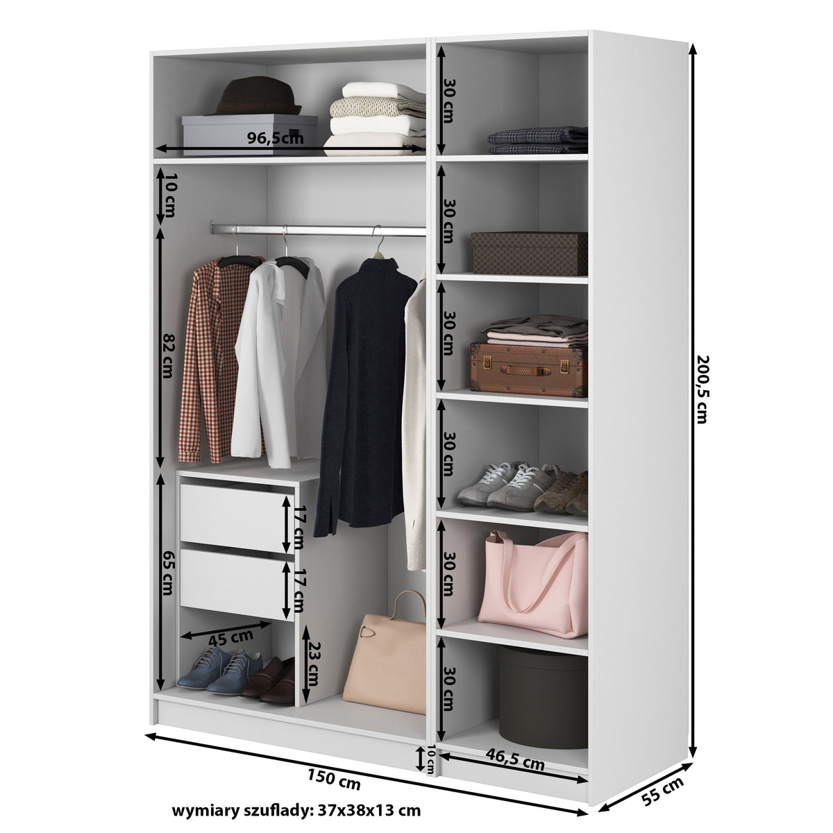 Drehtürenschrank Frame mit langer Kleiderstange, sieben Regalböden und Container, 150 cm, Schwarz