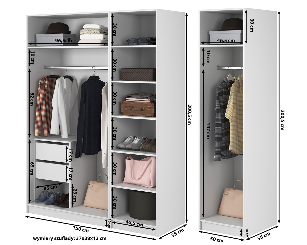 Vier­türiger Frame-Kleiderschrank mit zwei Kleiderstangen, Regalen und Schubfach, 200 cm, Weiß