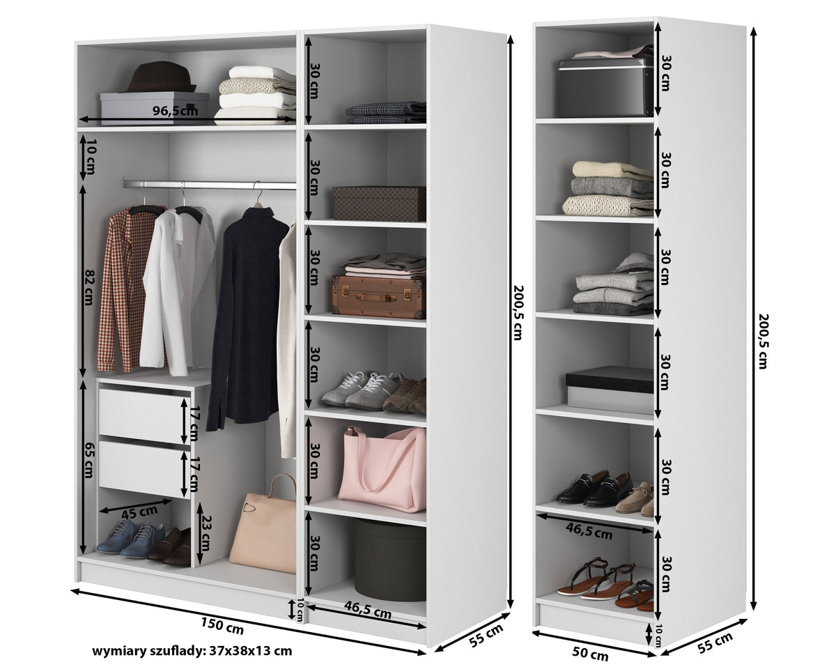Armoire à quatre portes Frame avec tringle, étagères et tiroir 200 cm Blanche