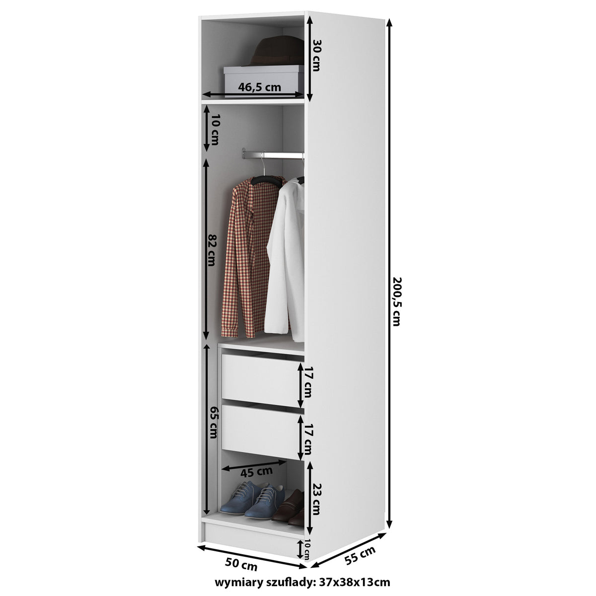 Armoire 1 porte Frame avec tringle, étagères et caisson 50 cm Blanc