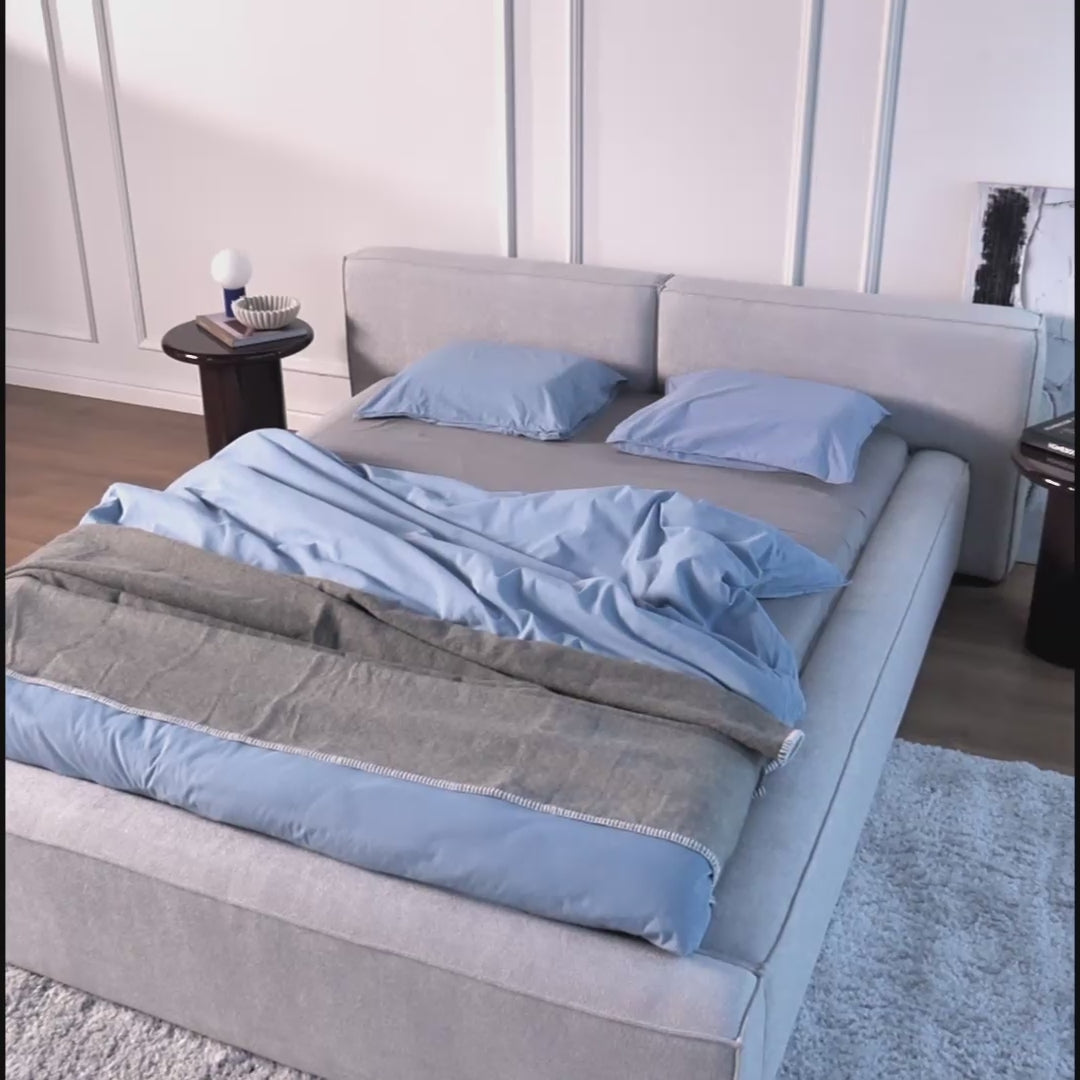 Video laden: Polsterbett 180x200 cm Tilves Low mit Stauraum, Metallrahmen, grafitfarbener Chenillestoff