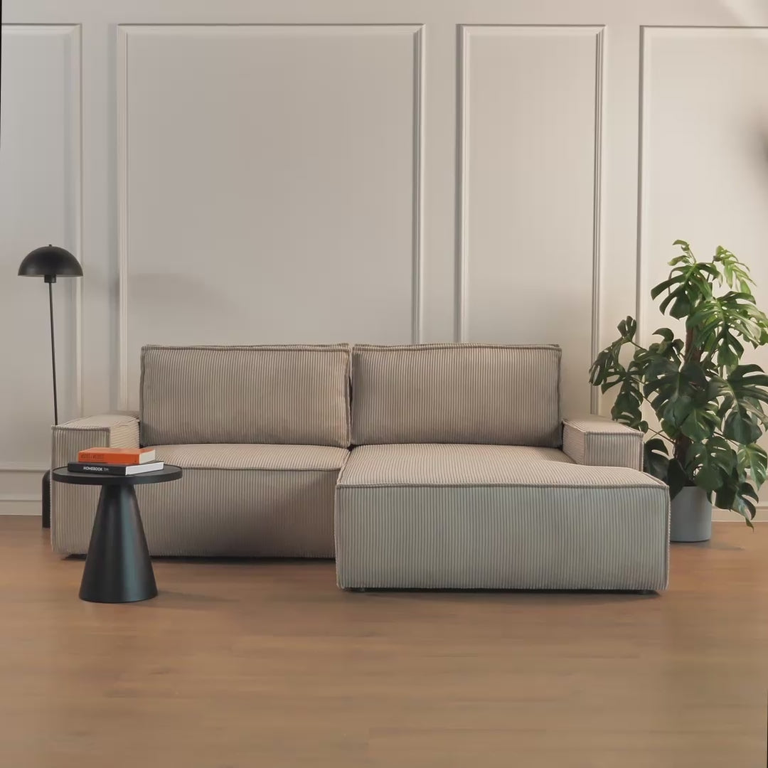 Video laden: Ecksofa mit Schlaffunktion Farese Mini, L-förmig, linksseitig, mit Stauraum, beige Cordstoff