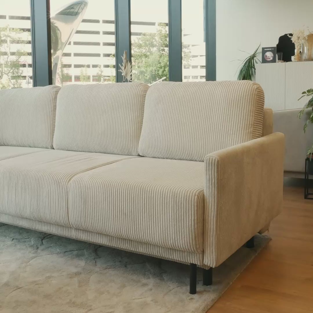 Video laden: Drei-Sitzer-Schlafsofa Hamiel mit Stauraum, beige Cord