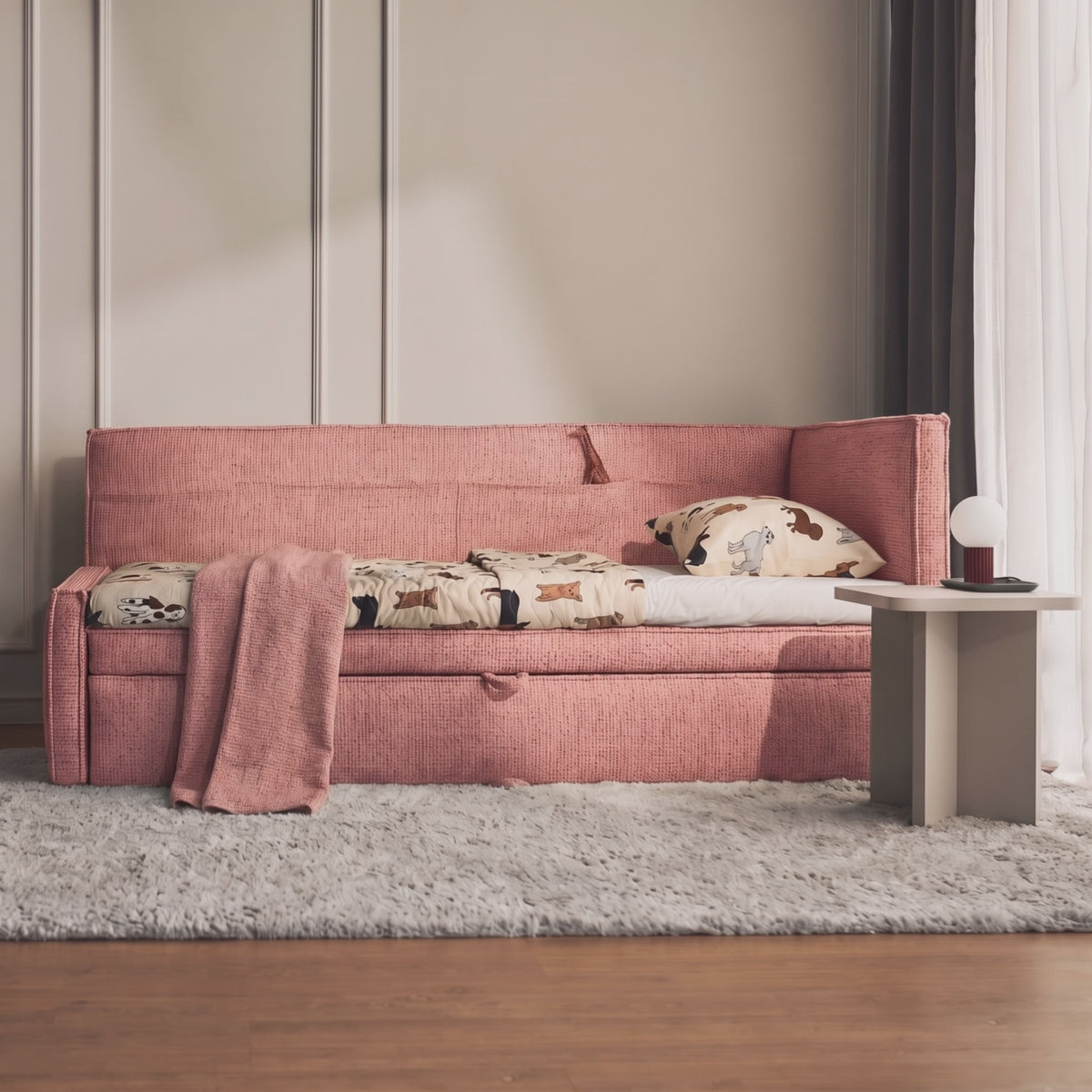 Charger la vidéo : Lit junior 90x200 cm Nesmi droit avec rangement tressé rose