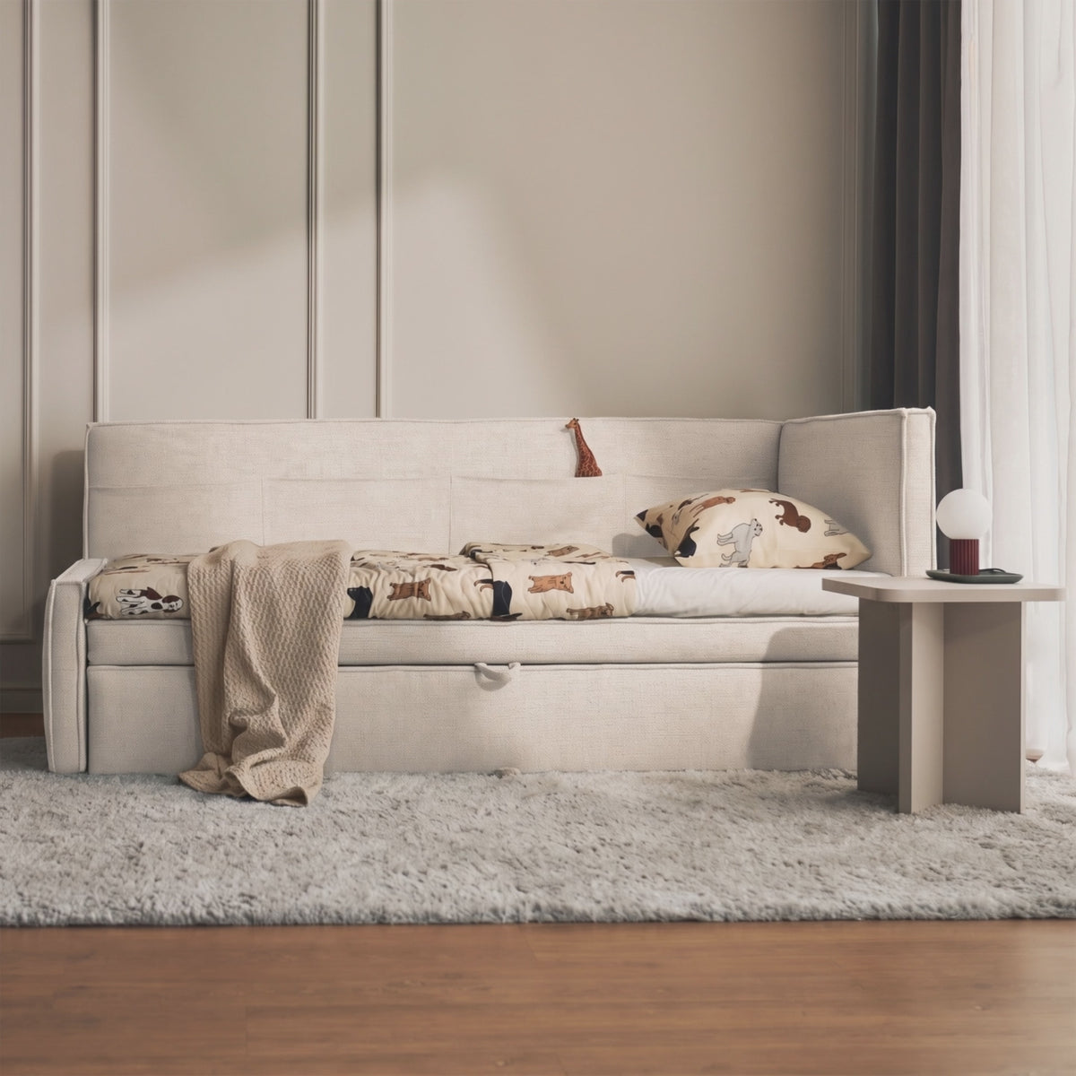 Charger la vidéo : Lit jeune 90x200 cm Nesmi gauche avec rangement, crème en chenille facile à nettoyer