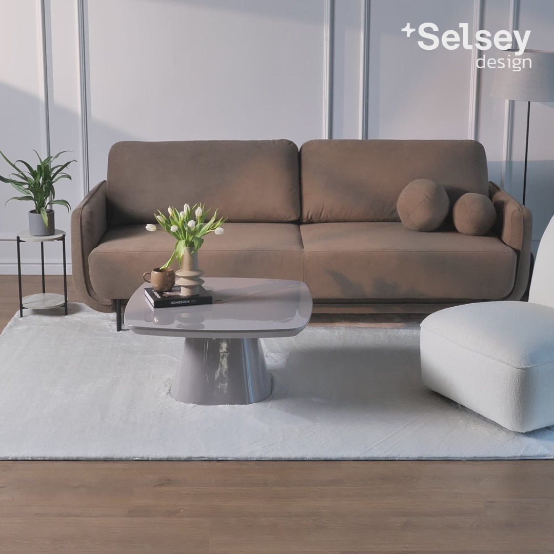 Video laden: Drei-Sitzer-Schlafsofa Ovals, cremefarbener Samt