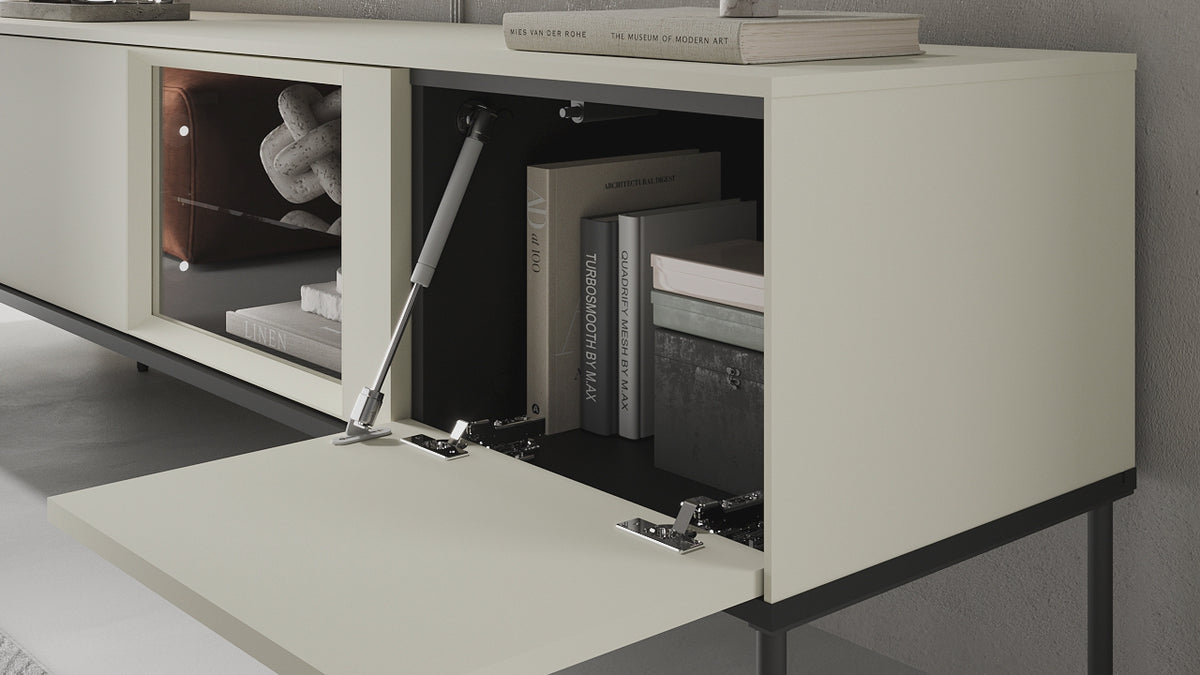 Video laden: TV-Schrank Bellezo mit LED-Vitrine 196 cm cremefarben