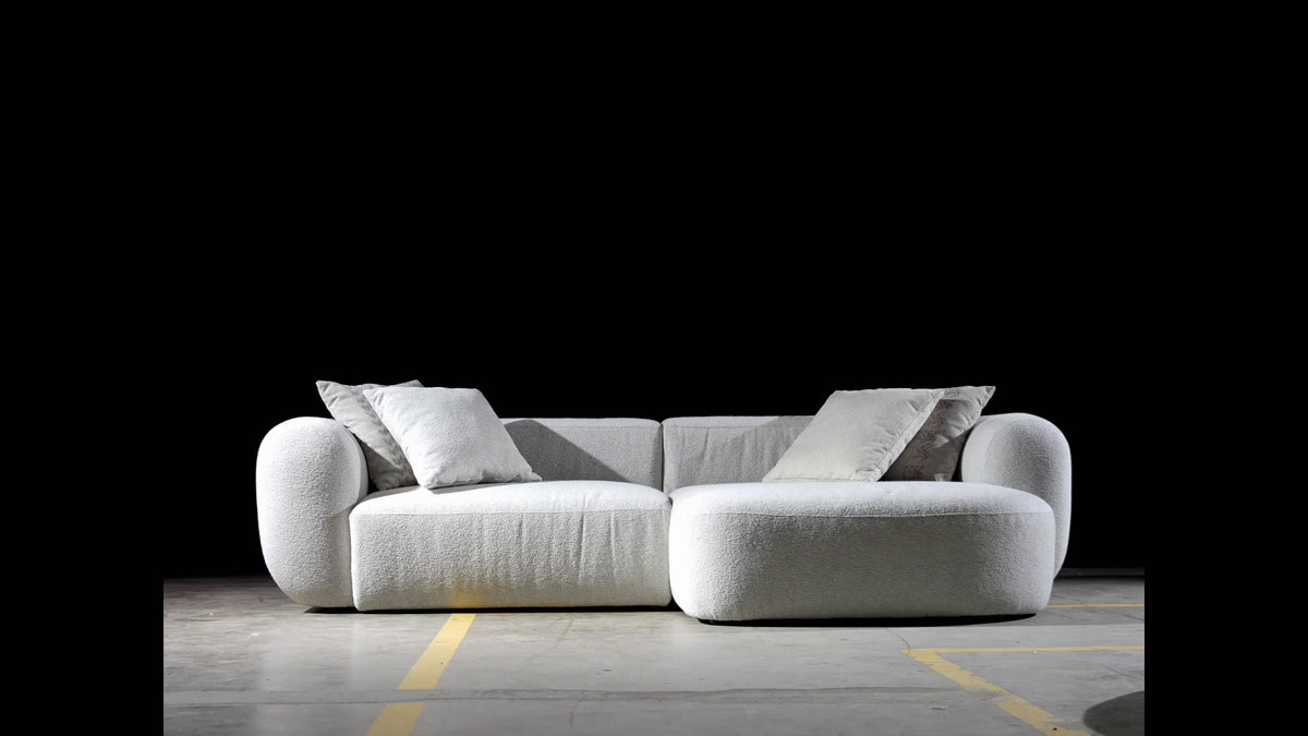Video laden: Modulares Ecksofa Baomi in L-Form mit Ottomanen, rechtsseitig, senfgelber Chenillestoff