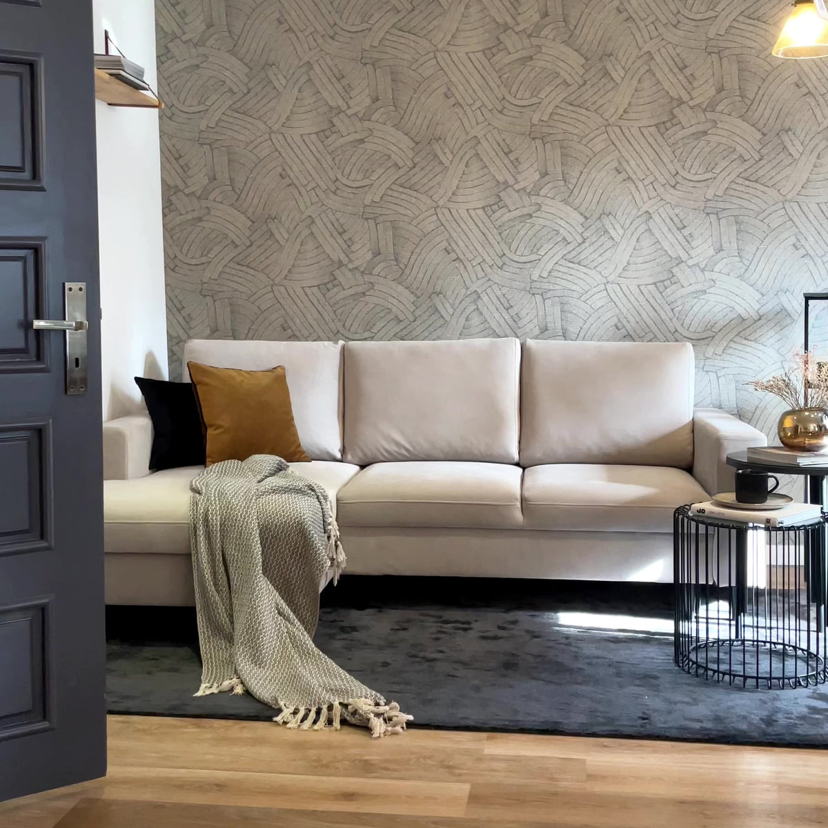 Charger la vidéo : Canapé d'angle avec fonction couchage Nalika en velours côtelé gris clair, modèle droit avec rangement
