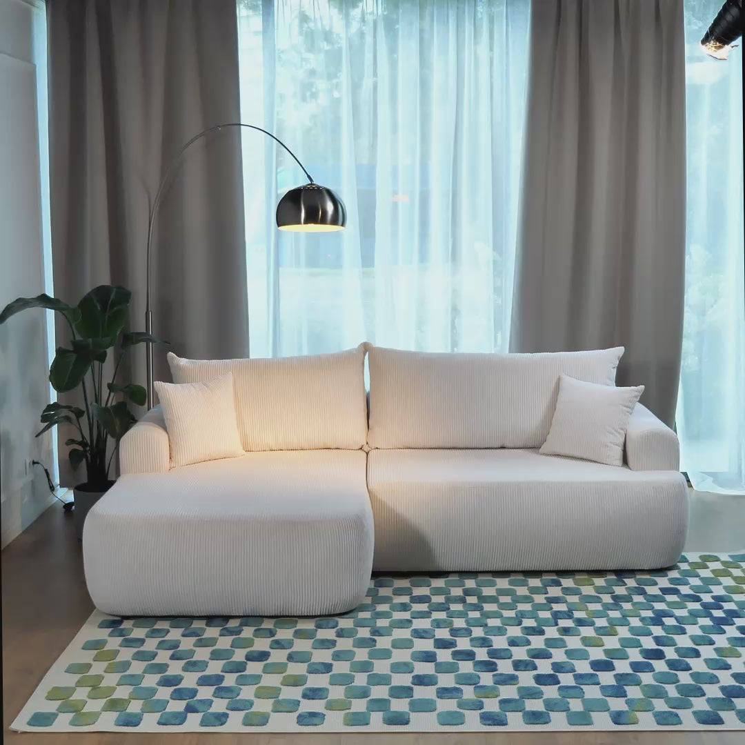 Video laden: Ecksofa mit Schlaffunktion Ovo Cord, L-förmig, linksseitig, mit Stauraum, grau-beige Cordstoff