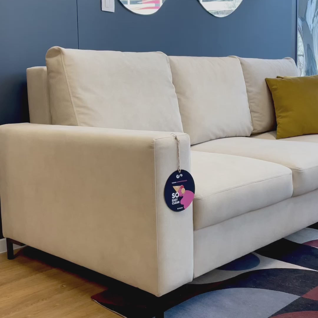 Charger la vidéo : Canapé convertible 3 places Mokpeo avec rangement, velours rose facile à nettoyer