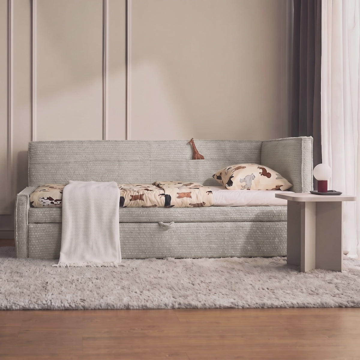 Charger la vidéo : Lit pour adolescent 90x200 cm Nesmi gauche avec rangement bleu clair tressé