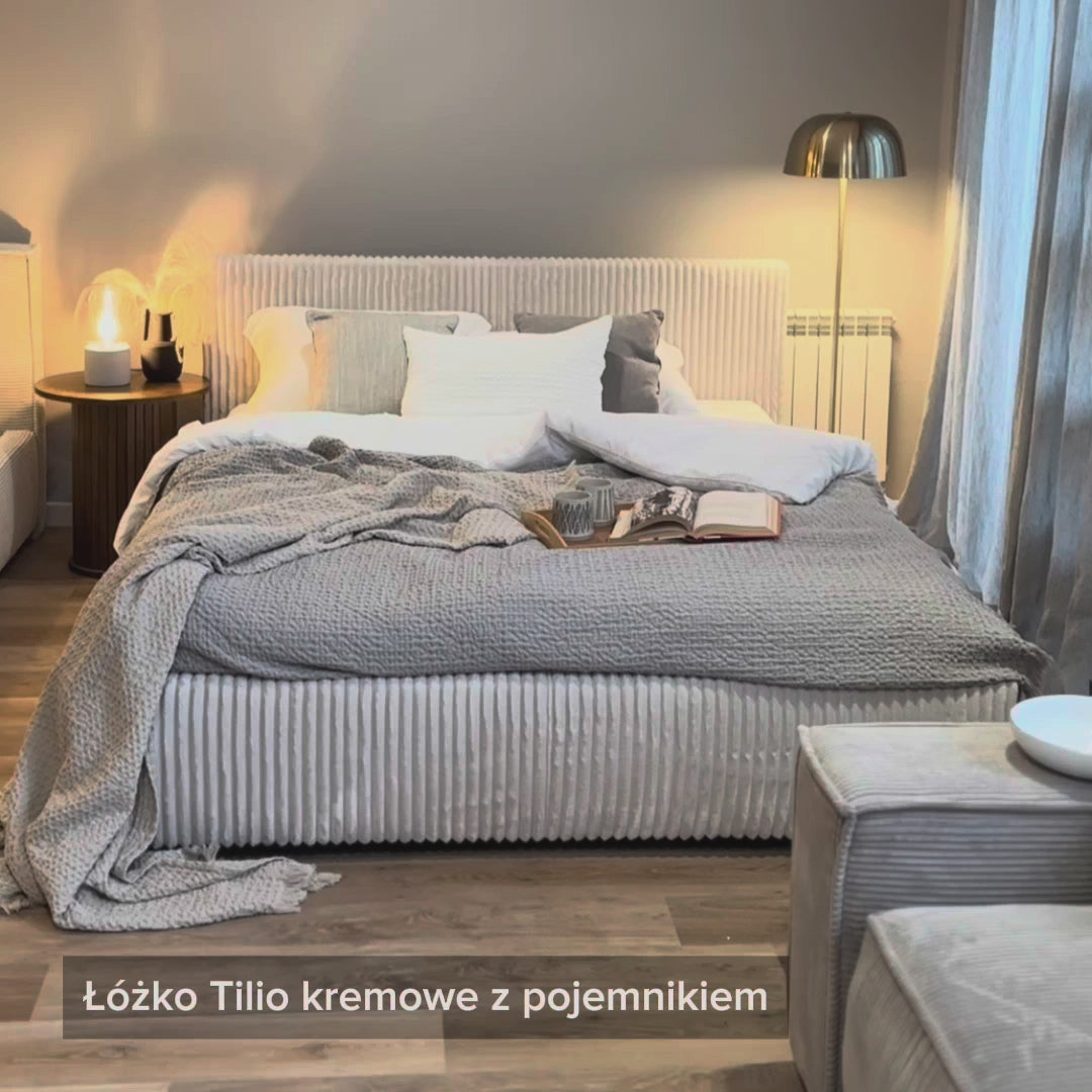 Video laden: Polsterbett 140x200 cm Tilio mit Stauraum, Metallrahmen, hellbeige, grober Cordstoff