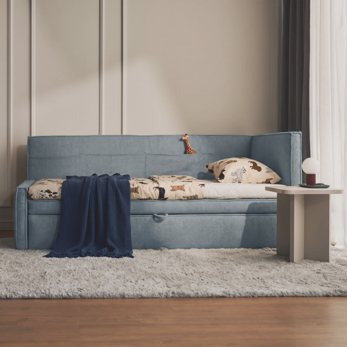 Charger la vidéo : Lit jeune 90x200 cm Nesmi tiroir gauche avec matelas bleu en chenille facile à nettoyer